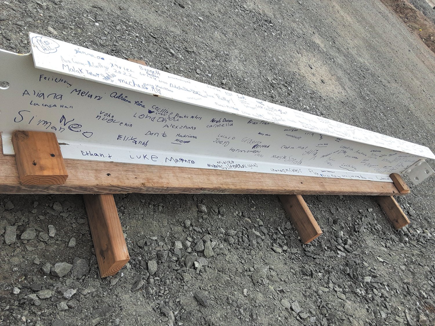 READY FOR CONSTRUCTION: The finished steel beam will be installed into the school between the main building and the gymnasium. Because the beams were painted white, they will stand out from the rest of the structure until the walls go up. (Photo courtesy of Cranston Public Schools)